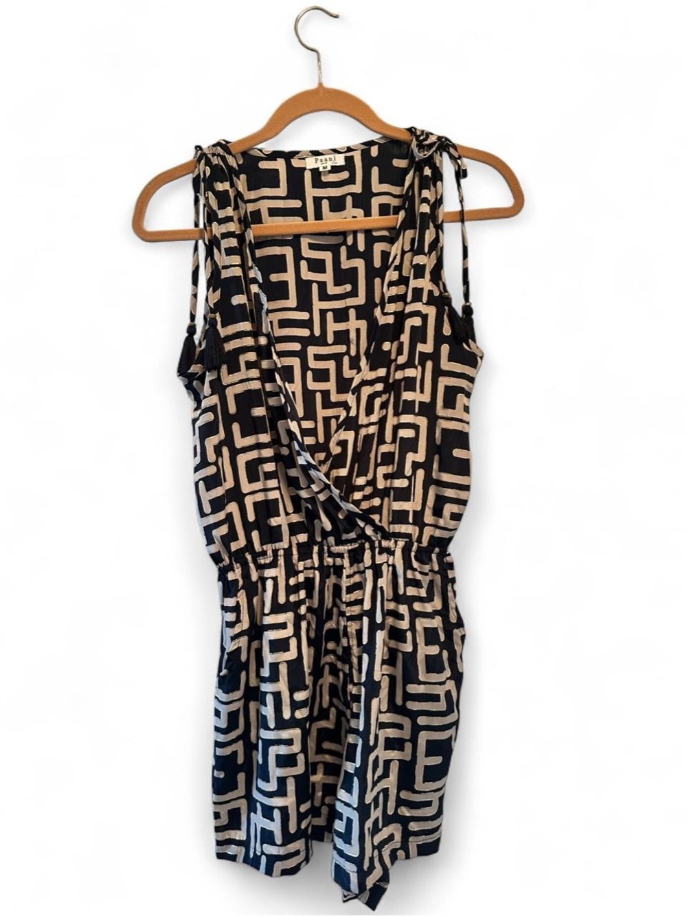 Paani Lux Black Cream Gold Geometric Tassel Romper Medium Resort